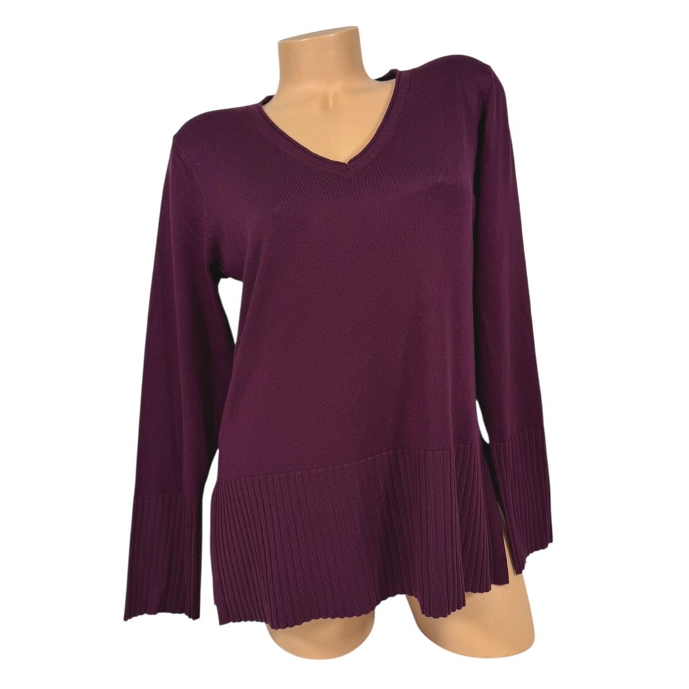 Melissa Paige V‎ Neck Ribbed Hem Sweater Women's Medium Burgundy Long Sleeve